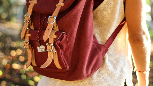 Red backpack on young person's back